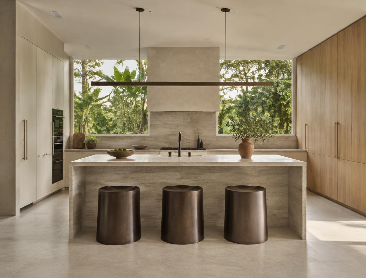 Cozinha com ilha em pedra natural e marcenaria em madeira